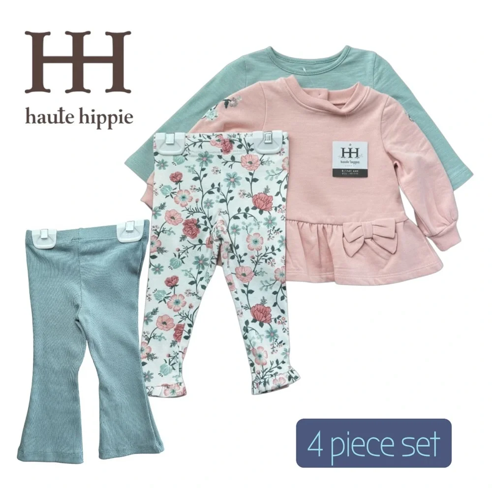 Haute Hippie Baby Girl 4Pc Outfit Set Floral Top Pants Pink Blue 12M New